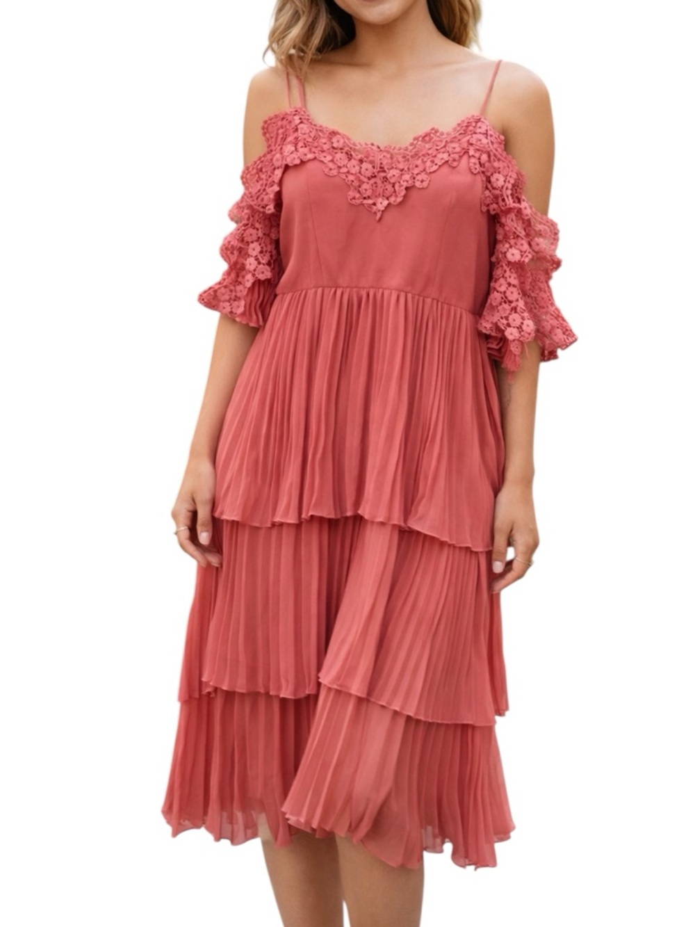 Keepsake coral pink cold shoulder lace trim pleated midi dress